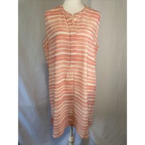 Vince Camuto Shirt Dress L Pink Striped Hi Low Sleeveless Pullover Casual Tunic